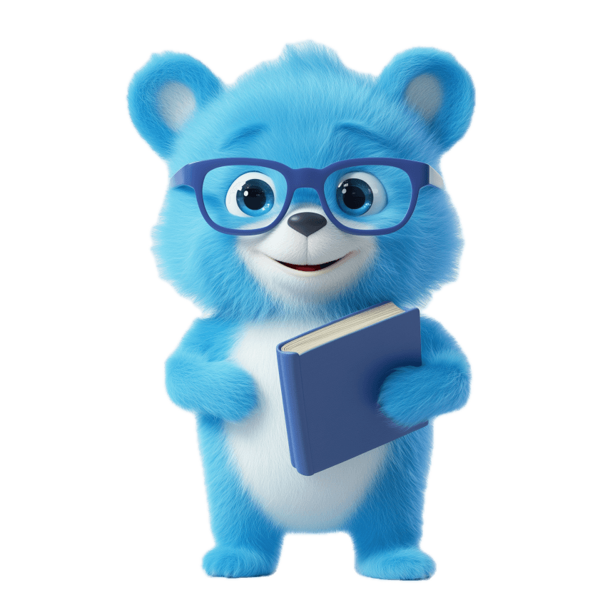 The blue Case Cub mascot wearing glasses and holding a casebook